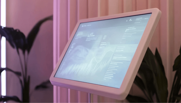 A self-serve kiosk monitor with generic analytics on the screen